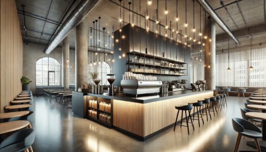 Modern café or restaurant interior with pendant lighting and professionally installed electrical systems {{brizy_dc_image_alt imageSrc=