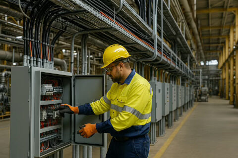 Industrial Electrician Conducting Wiring Maintenance in a Large-Scale Processing Plant {{brizy_dc_image_alt imageSrc=