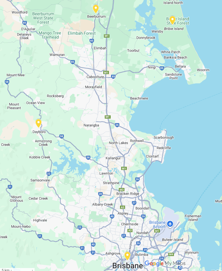 Map showing Brisbane and surrounding service areas for air conditioning services, including Dayboro, Beerburrum, and North Lakes, Griffin and CBD