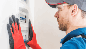 Electrician in PPE inspecting a residential or commercial switchboard panel for safety and compliance