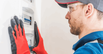 Electrician in PPE inspecting a residential or commercial switchboard panel for safety and compliance
