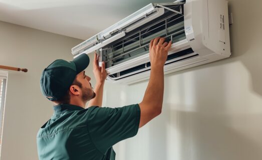 Technician servicing a wall-mounted split system air conditioner inside a residential home.