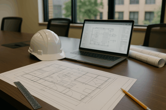 Architectural HVAC blueprint and tablet on a boardroom table during a commercial system design meeting