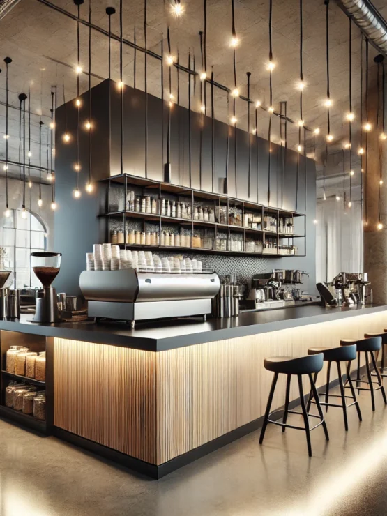 Modern café or restaurant interior with pendant lighting and professionally installed electrical systems