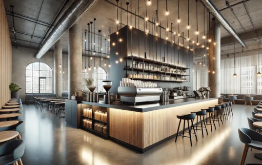 Modern café or restaurant interior with pendant lighting and professionally installed electrical systems