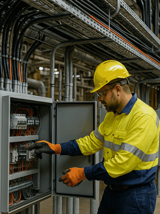 Industrial Electrician Conducting Wiring Maintenance in a Large-Scale Processing Plant