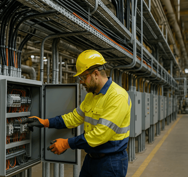 Industrial Electrician Conducting Wiring Maintenance in a Large-Scale Processing Plant