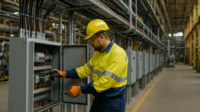 Industrial Electrician Conducting Wiring Maintenance in a Large-Scale Processing Plant