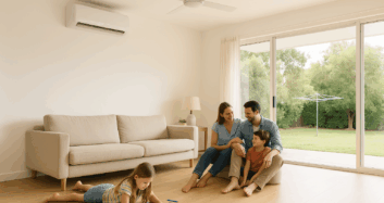 Family relaxing in a bright Queensland living room with a wall-mounted split system air conditioner and sliding doors to a green backyard